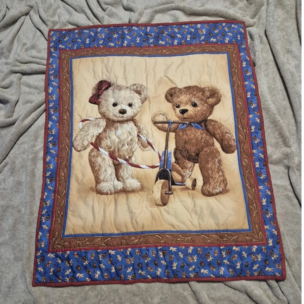 Vintage Teddy Bear Baby Wall Hanging Blue Red Nursery Decor 40x32